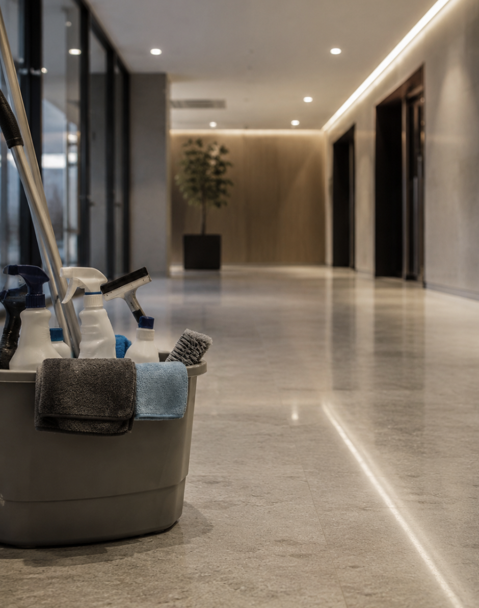 Premium Reinigungsequipment in einer eleganten Empfangshalle